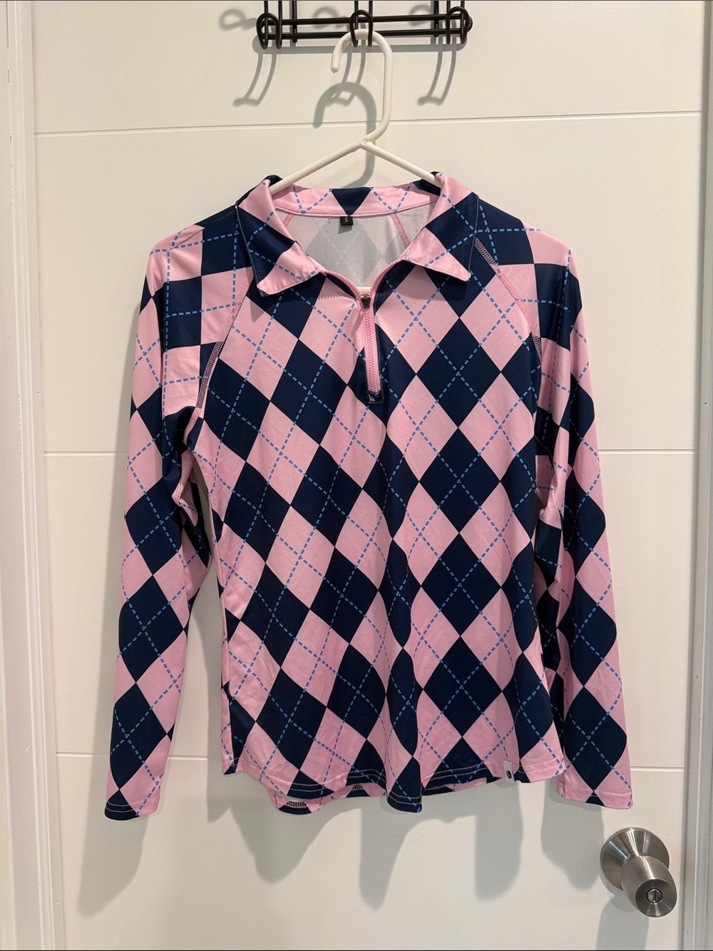 Sport’s top Pink and Navy Argyle Quarter-Zip Pullover